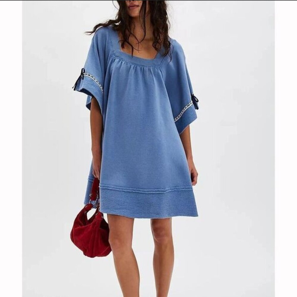 Free People Blue Mini Dress with Tie Sleeve Details